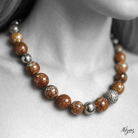 Κολιέ ημιπολύτιμων λίθων φυσικού Αχάτη Dragon Veins και Αιματίτη / Κωδικός Προϊόντος: Ζ121