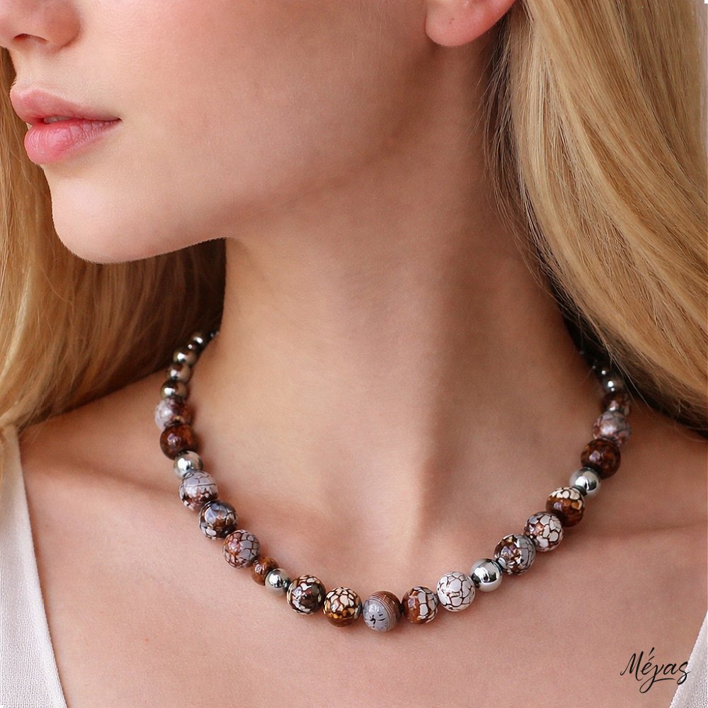 Κολιέ ημιπολύτιμων λίθων φυσικού Αχάτη Dragon Veins και Αιματίτη / Κωδικός Προϊόντος: Ζ121