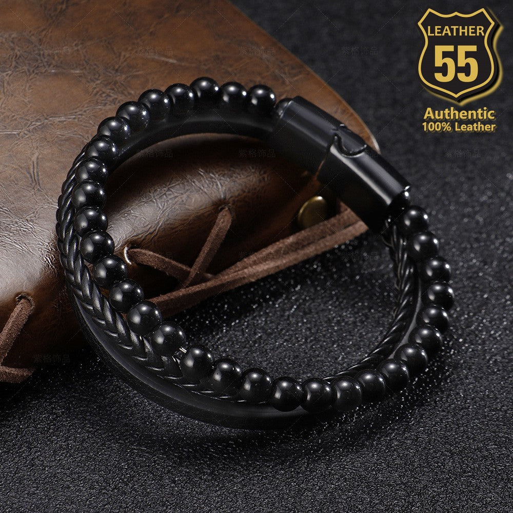 Leather 55 Ανδρικό Xειροποίητο Δερμάτινο βραχιόλι με ανοξείδωτο ατσάλι / Κωδικός Προϊόντος: C175