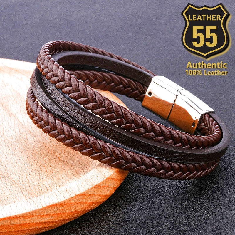 Leather 55 Ανδρικό Xειροποίητο Δερμάτινο βραχιόλι με ανοξείδωτο ατσάλι / Κωδικός Προϊόντος: C181