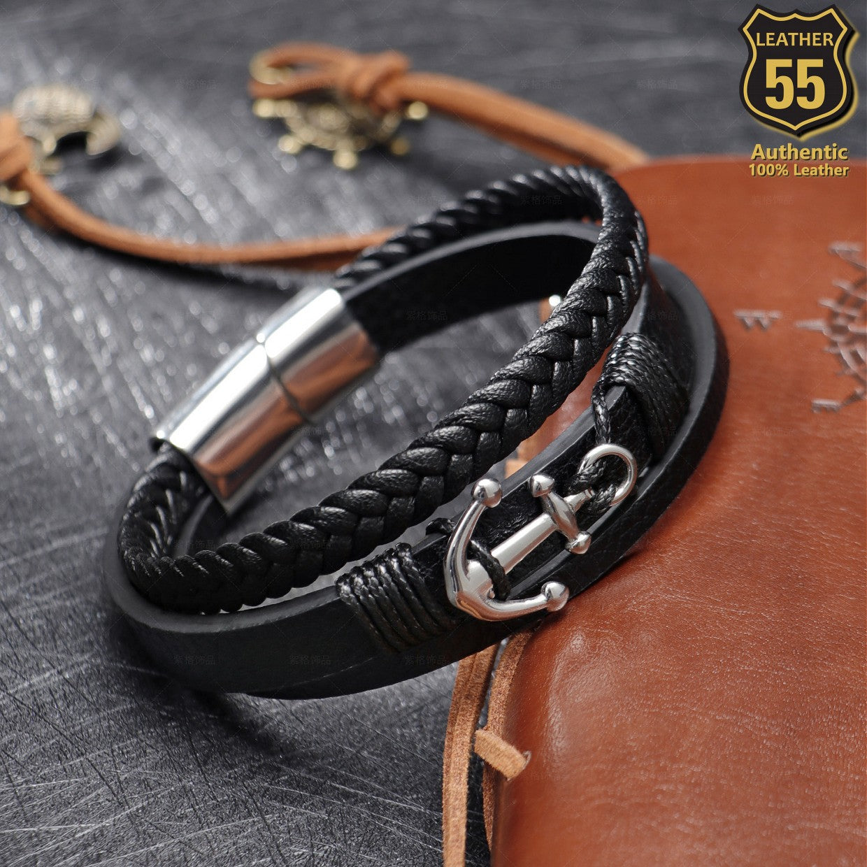 Leather 55 Ανδρικό Xειροποίητο Δερμάτινο βραχιόλι με ανοξείδωτο ατσάλι / Κωδικός Προϊόντος: C115