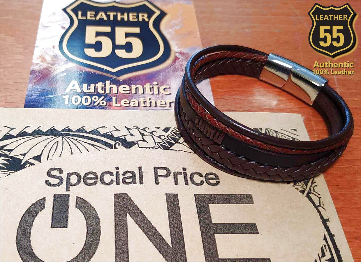 Leather 55 Ανδρικό Xειροποίητο Δερμάτινο βραχιόλι με ανοξείδωτο ατσάλι / Κωδικός Προϊόντος: C177